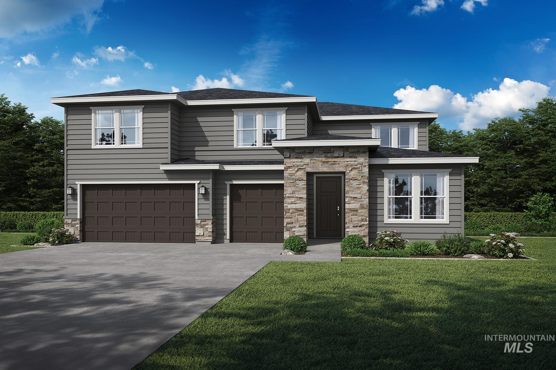 View of front facade featuring stone siding, an attached garage, driveway, and a front yard