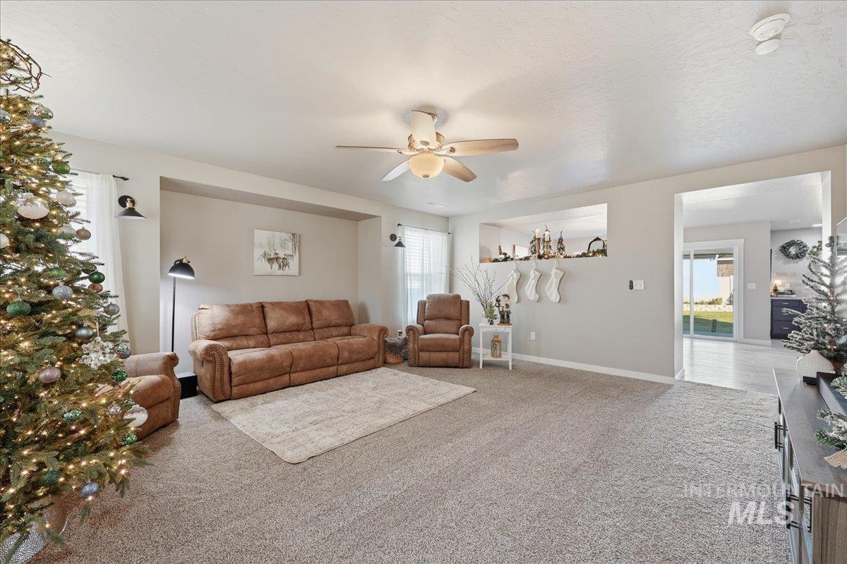 Carpeted living area featuring a ceiling fan and a textured ceiling
