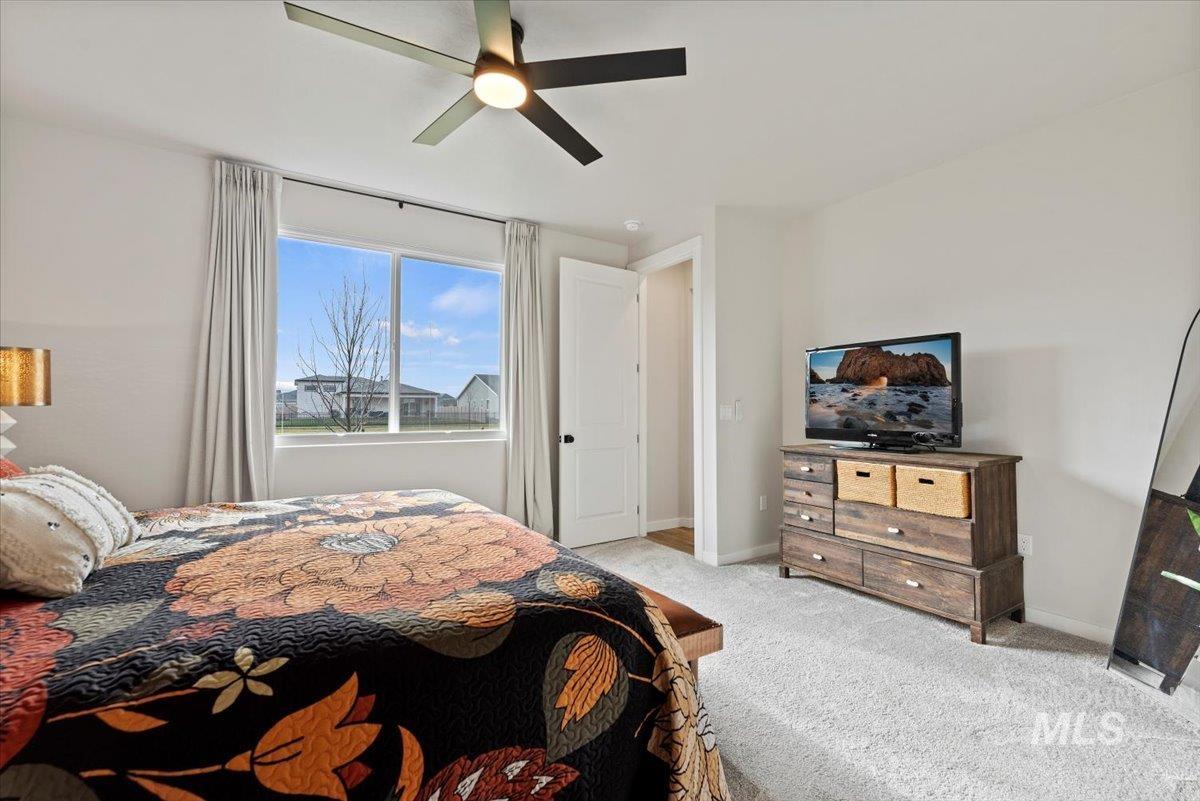 Carpeted bedroom with a ceiling fan and baseboards