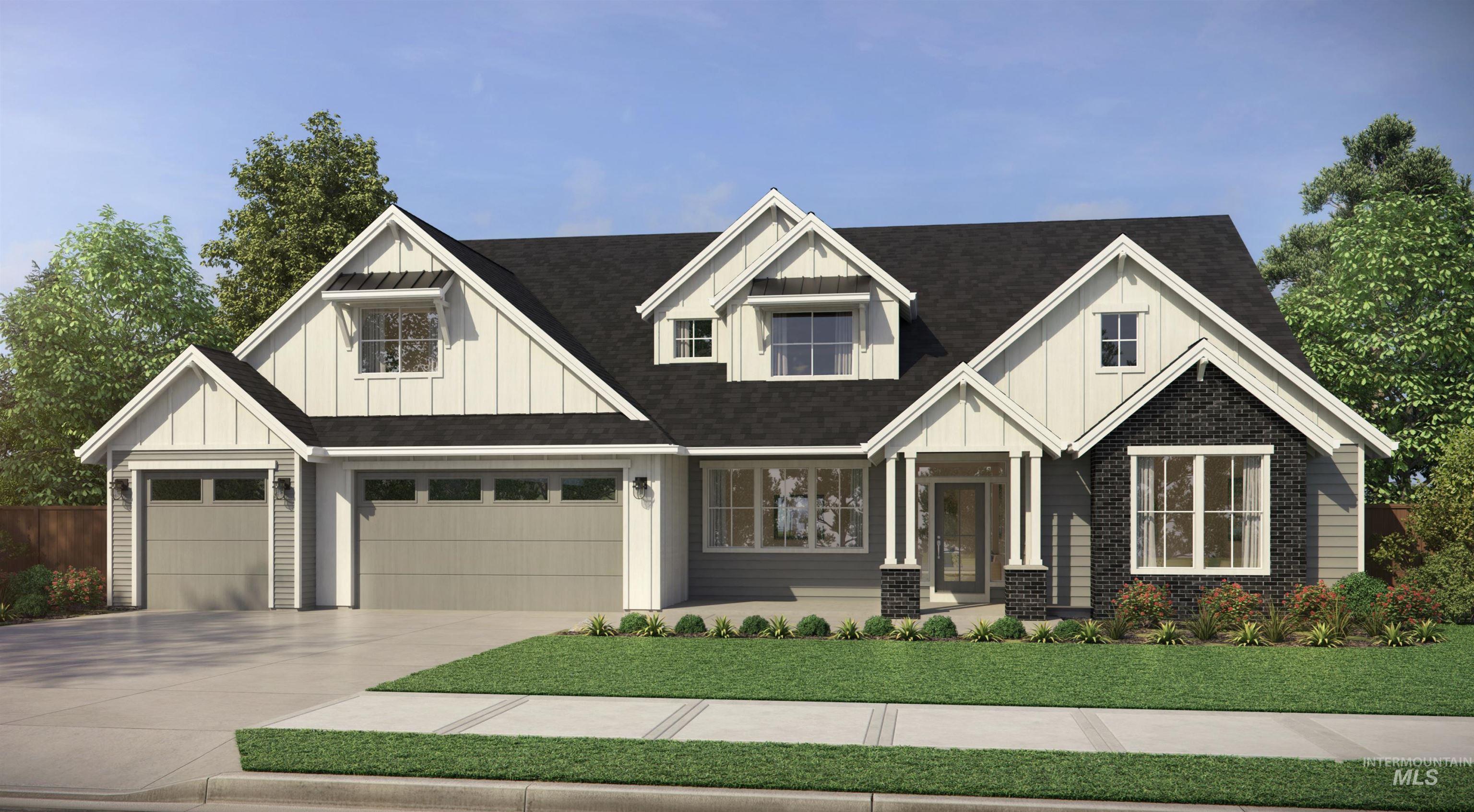 View of front of property featuring board and batten siding, concrete driveway, a front lawn, and roof with shingles