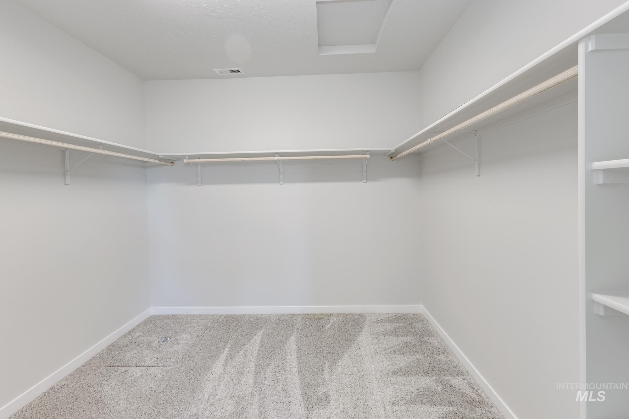 Spacious closet featuring light colored carpet and attic access