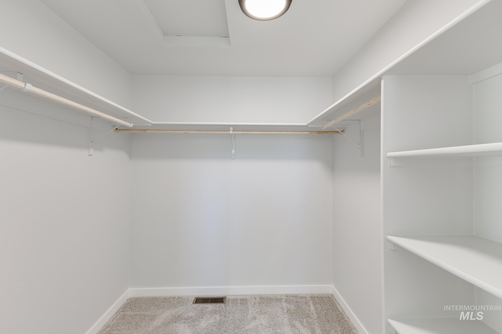 Spacious closet featuring light carpet and attic access