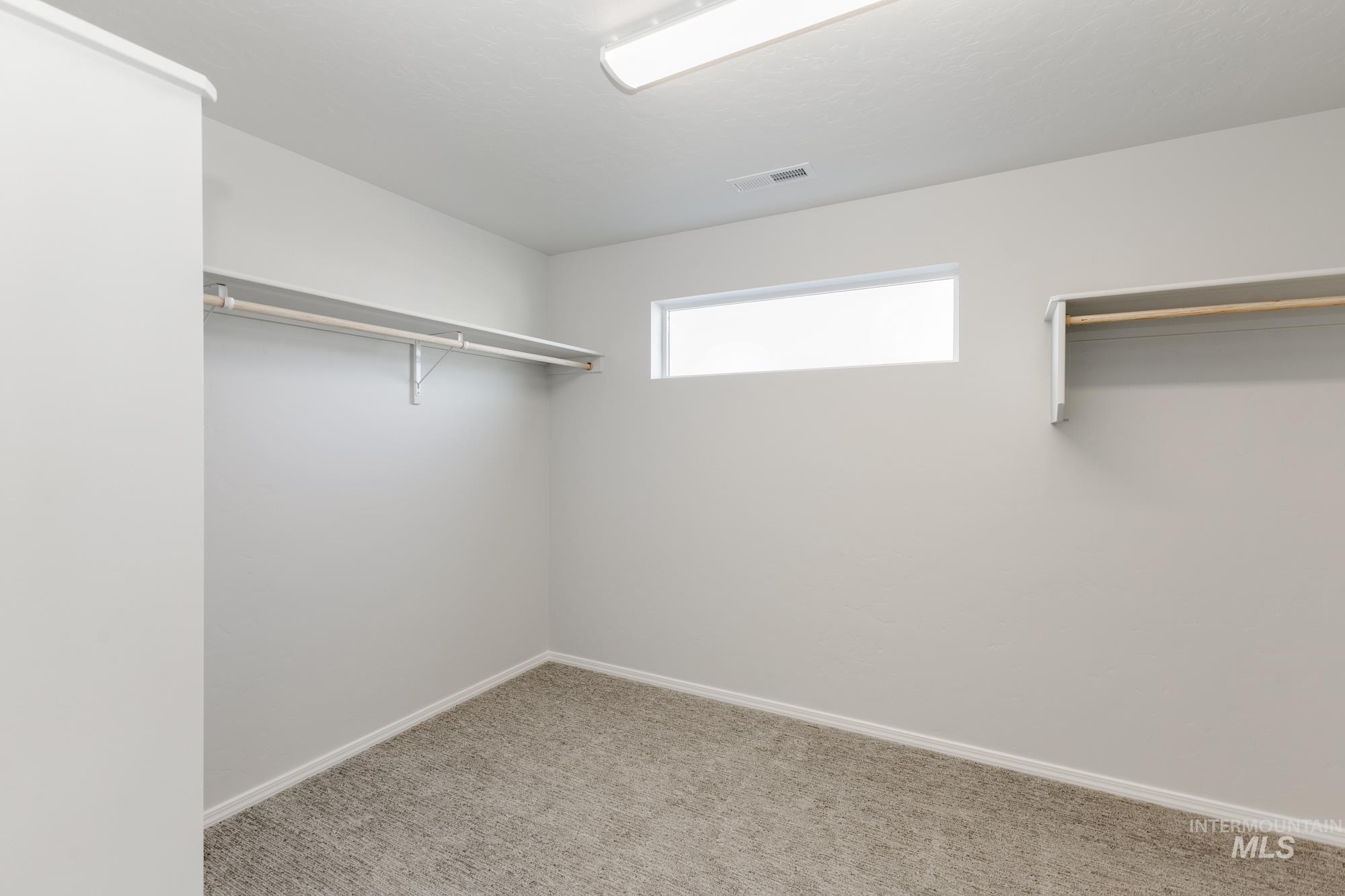 Walk in closet with light colored carpet