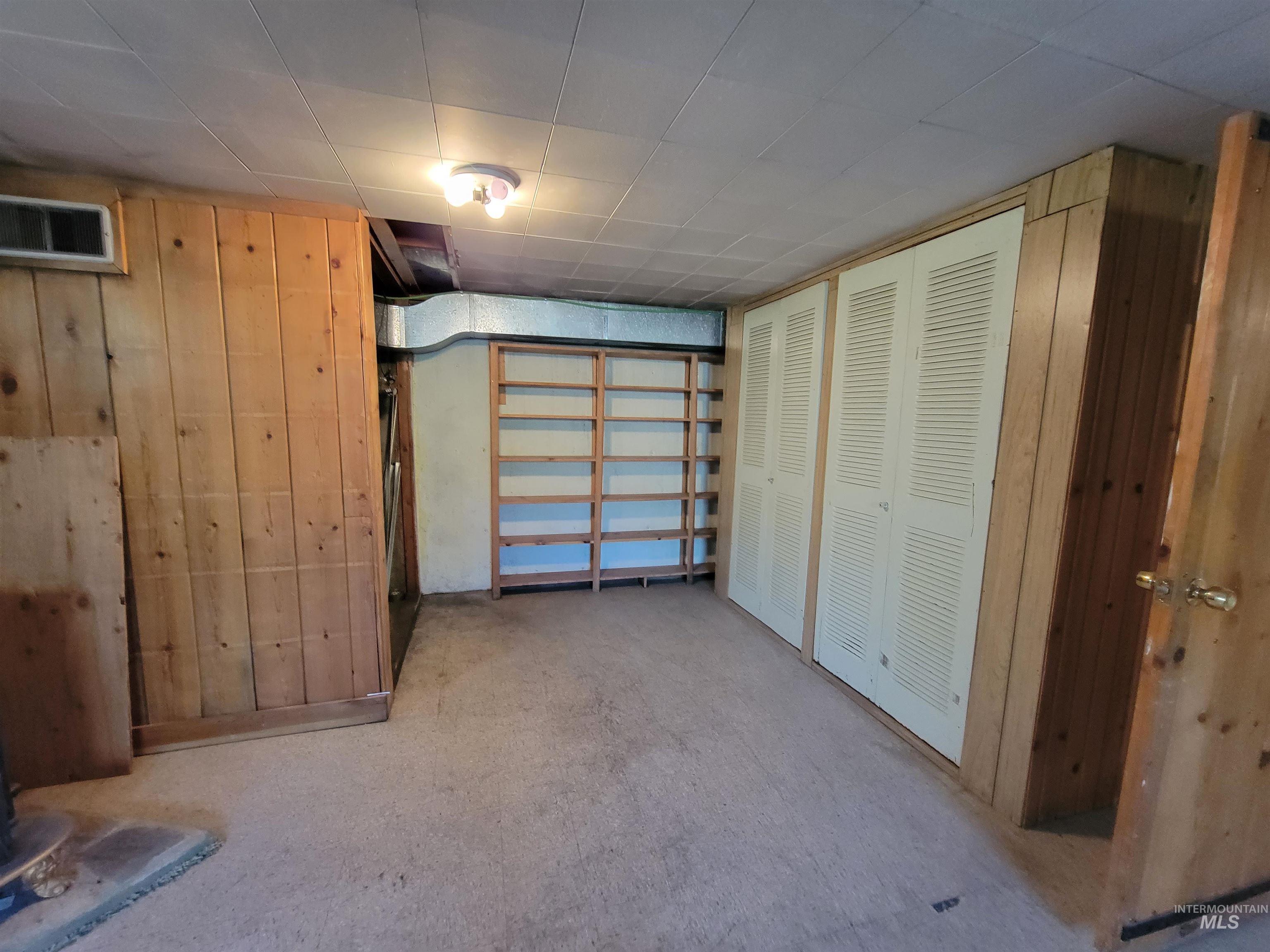 Below grade area featuring wooden walls and a wood stove