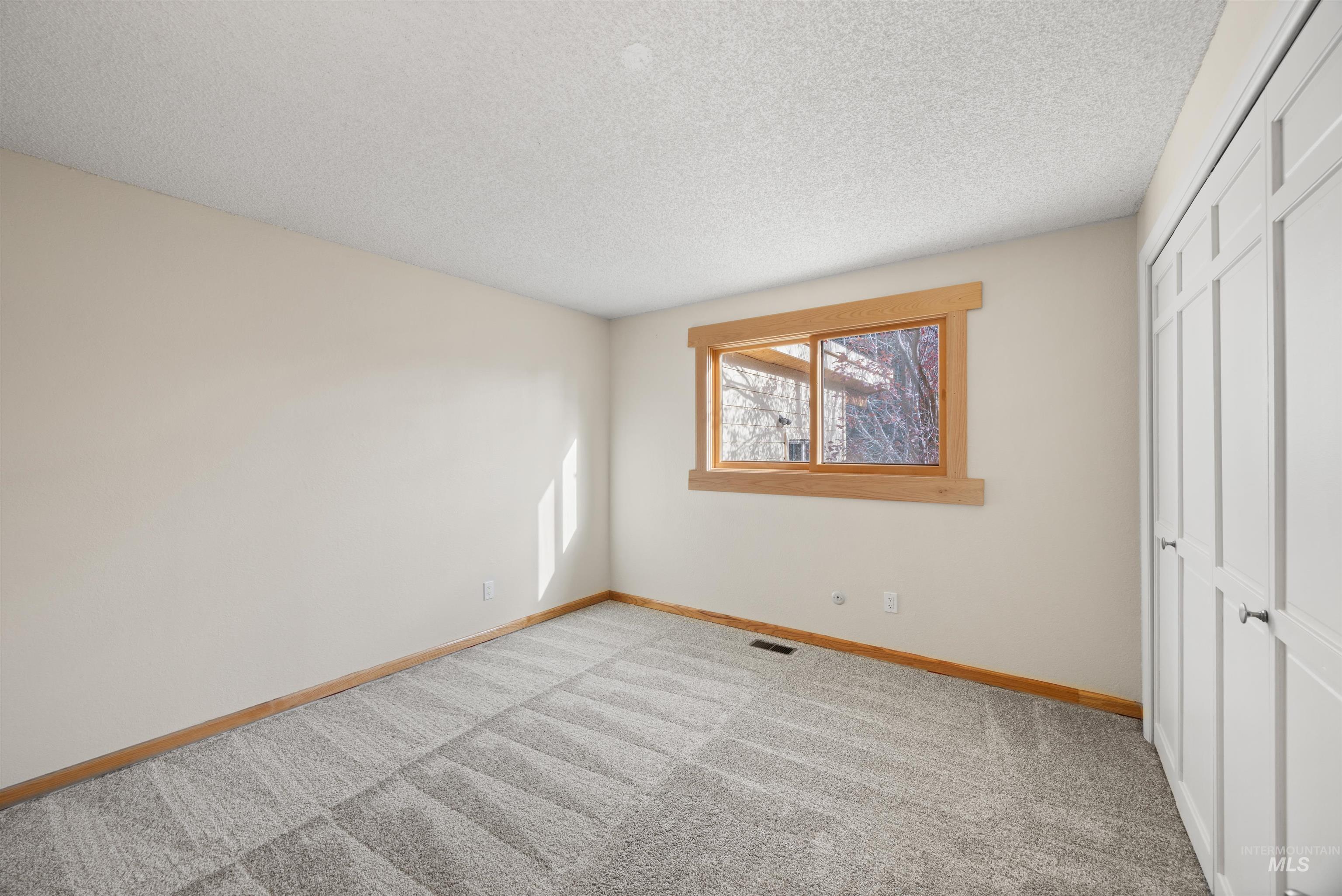 Unfurnished bedroom featuring light colored carpet, a closet, and a textured ceiling