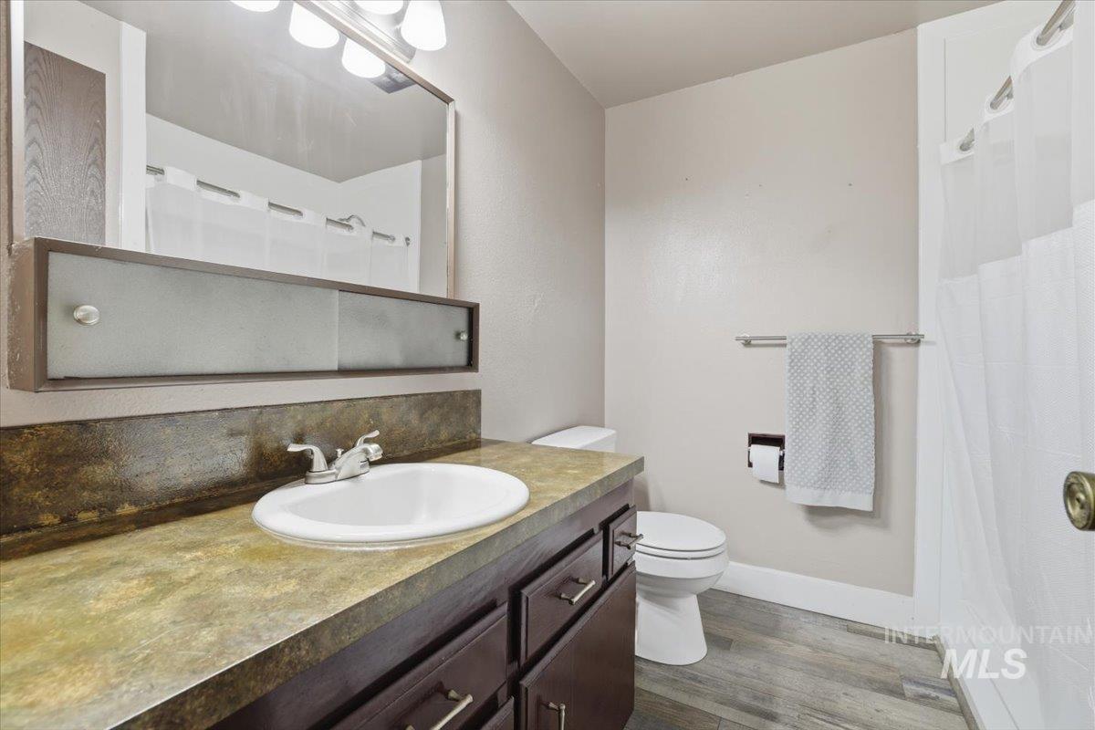 Bathroom with vanity, dark wood-type flooring, and a shower with shower curtain