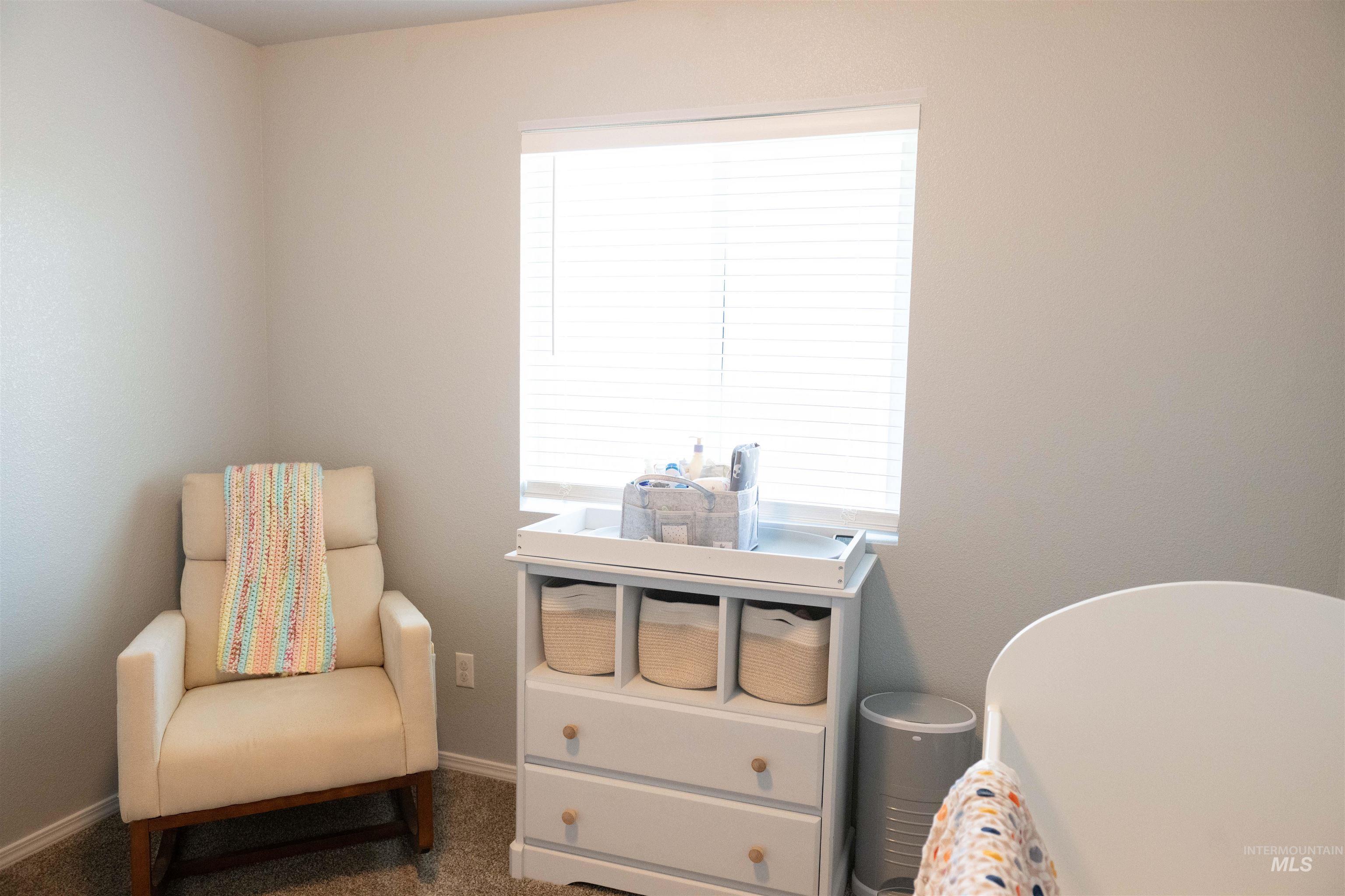 Living area featuring carpet floors and baseboards