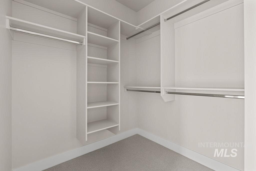 Walk in closet featuring light carpet