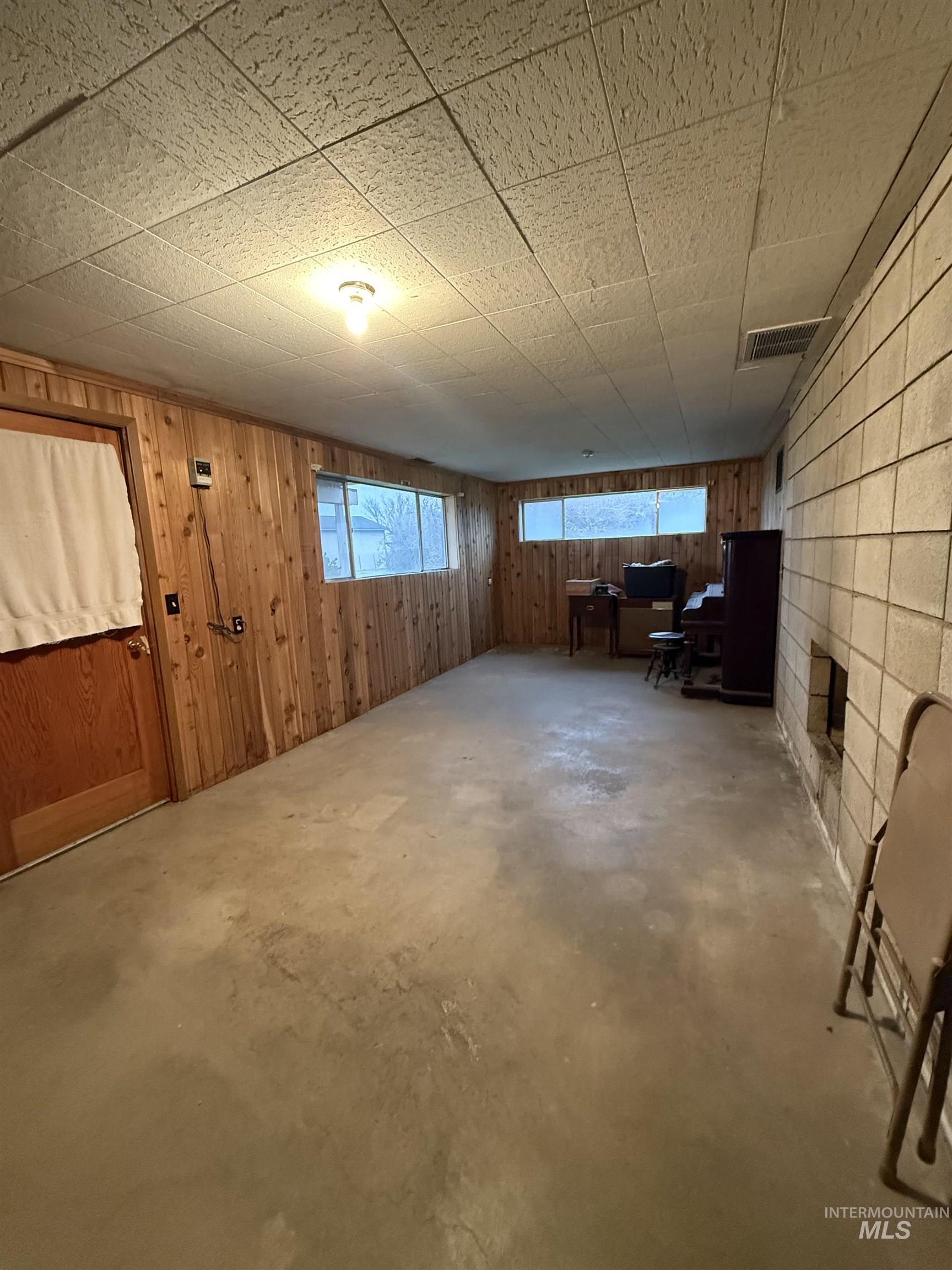 Below grade area featuring wooden walls