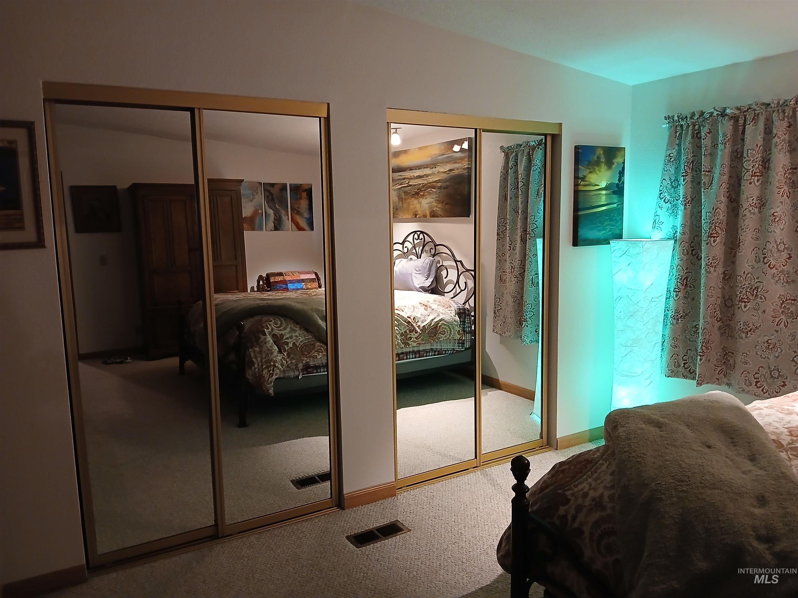 Carpeted bedroom with two closets
