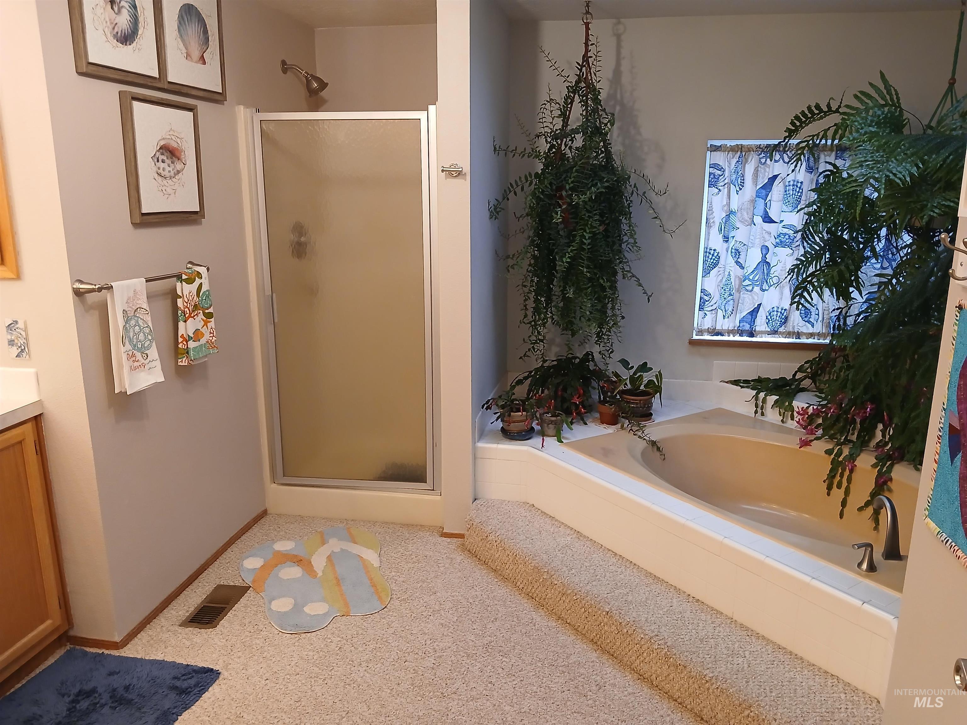 Bathroom with a shower stall, vanity, and a bath