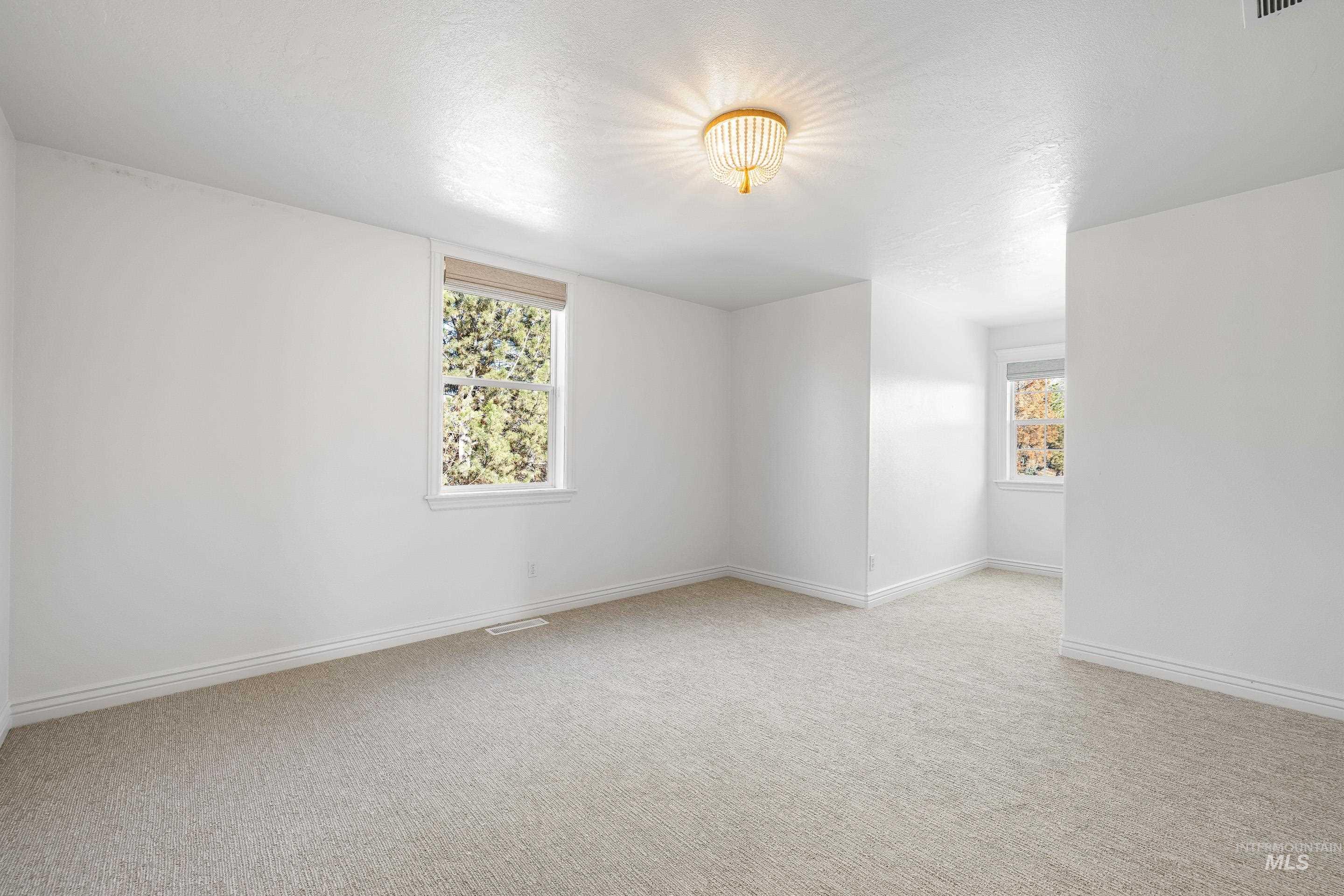 Bonus room with light colored carpet and baseboards