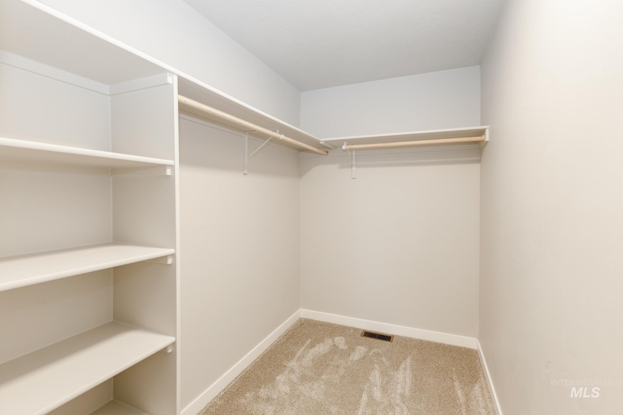 Walk in closet with light colored carpet