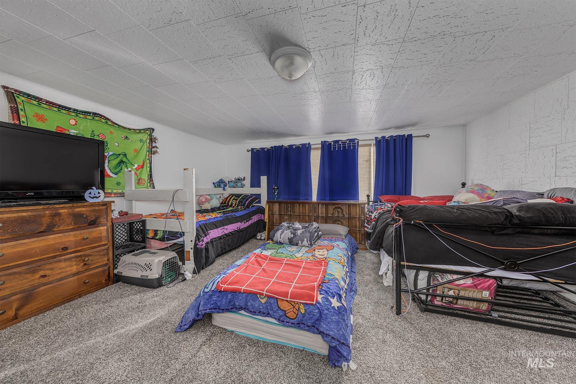 Bedroom featuring carpet flooring and concrete block wall