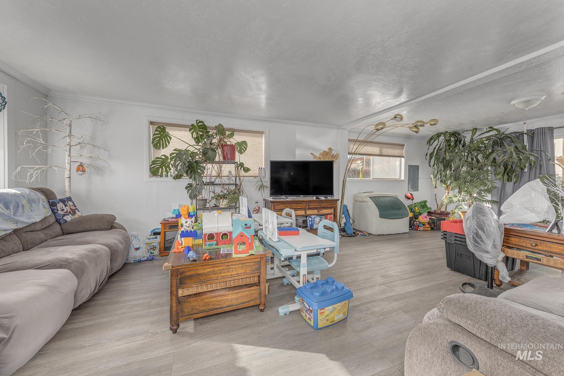 Living room featuring a textured ceiling, wood finished floors, and electric panel